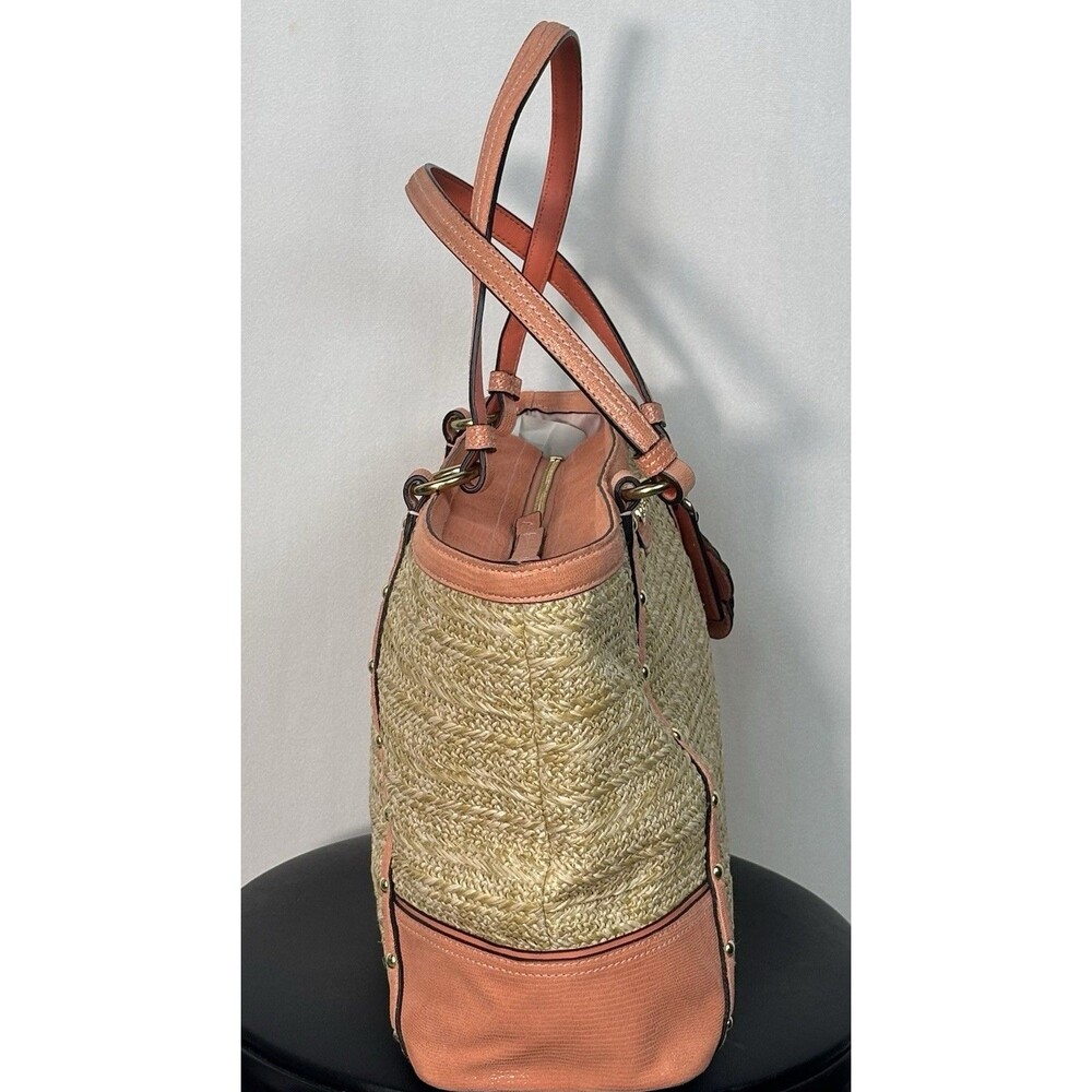 Coach Alexandra Straw Studded Tote Bag In Natural/Coral Peach F21959 - Picture 3 of 12
